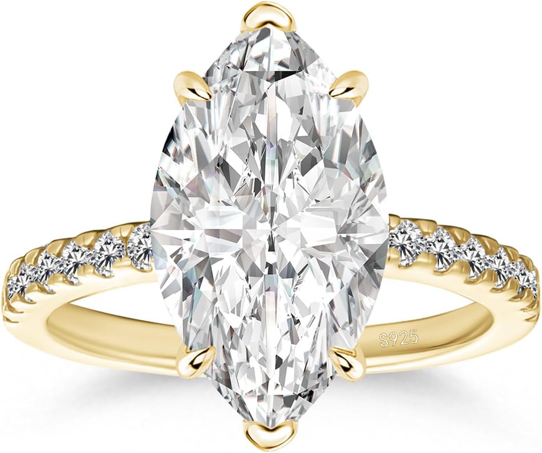 4CT Marquise Cut Moissanite Ring for Women, Lab Created D Color VVS1, 14K Gold Plated S925 Silver Engagement Ring with Pavé Band
