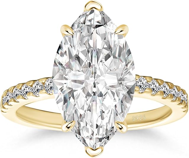 4CT Marquise Cut Moissanite Ring for Women, Lab Created D Color VVS1, 14K Gold Plated S925 Silver Engagement Ring with Pavé Band