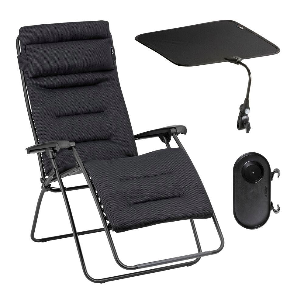 Lafuma Ensemble Fauteuil Relax matelassé XL avec Ombrelle et Porte-Gobelet | Fabriqué en FRANCE - Garantie 5 ans - Noir - Maintien ferme de tout le dos, Idéal pour grands gabarits 180 cm