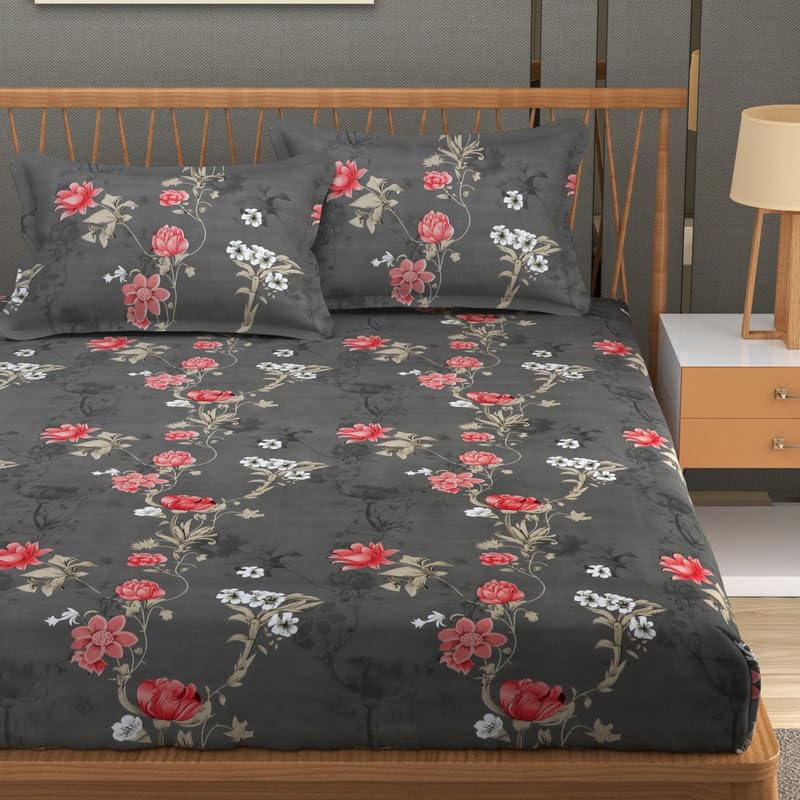 Image of NHD HOME Cotton 220 TC Super King Size Bedsheet Floral Print 108 X 108 Inch Size with 2 Pillow Cover, 275 X 275 Cm Super King Size (9 Ft by 9 Ft) (Dark Grey Pink)