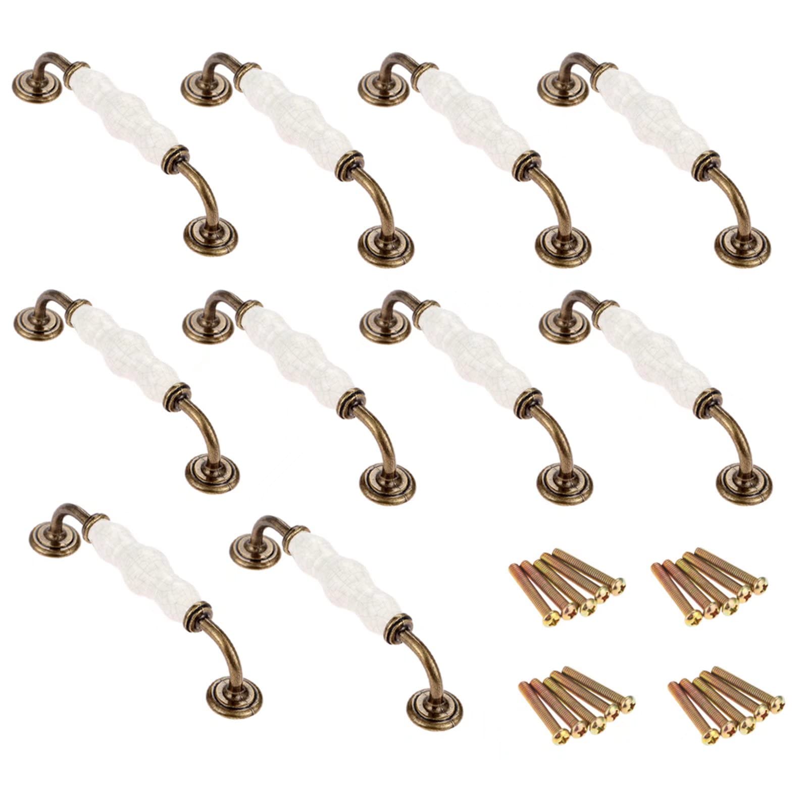 Fbshop(Tm) D2-Hole Distance:128mm 10 Pcs Vintage Crackle Ceramic Cabinet Door Drawer Knob Kitchen Dresser Wardrobe Pull Handle With Screws For Home Decorating