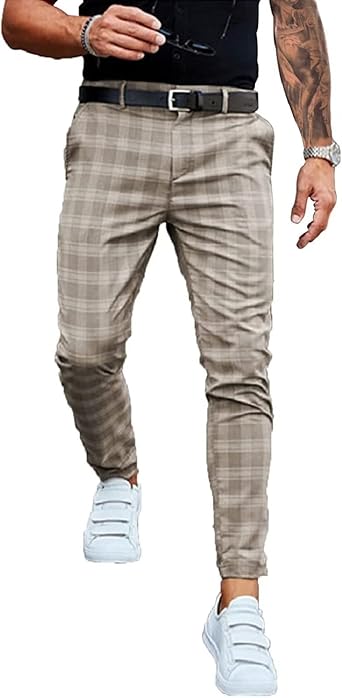 Mens Plaid Stretch Dress Pants Casual Slim Fit Striped Printed Stylish Skinny Pencil Business Long Pants with Pocket Dark Khaki M