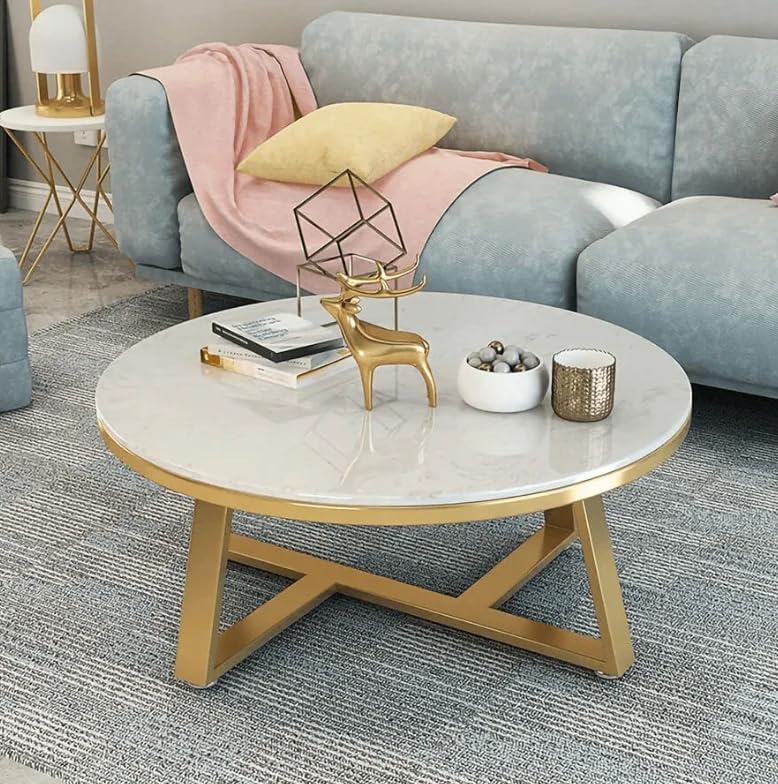 Minimalist Gold Marble Center Table for Living Room | White Glossy Top | Drawing Room | Dia 30 Inches-picture-15