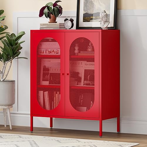 Miniatura 30 de Armarios decorativos de metal rosa con 2 estantes ajustables, armario de almacenamiento de metal de 3 niveles con patas, armarios de acero para