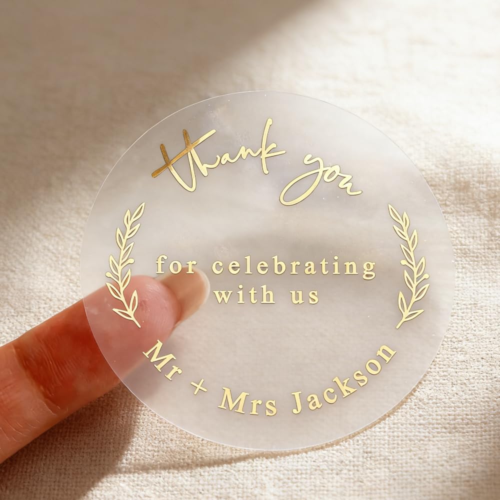 Personalised Clear Transparent Gold Foil Stickers, Custom Logo Business Name Labels, Waterproof Packaging Stickers for Business Branding Wedding Favours Birthday Party Product Boxes Thank You Seals