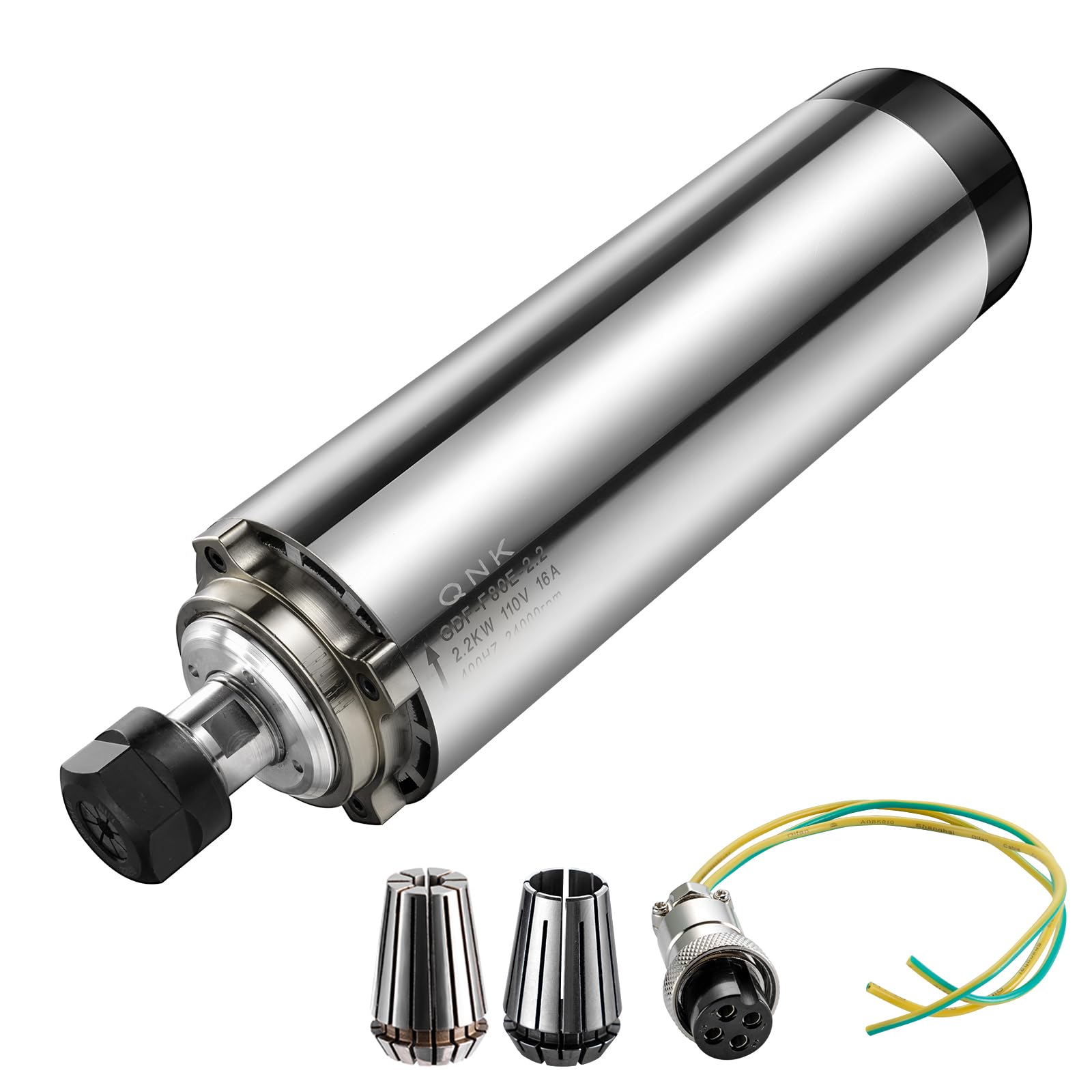 QNK CNC Spindle Motor, 2.2KW Air Cooled Spindle Motor 80mm 110V ER20 24000RPM,High Speed 16A 400Hz Air Cooled Round for CNC Router Engraver Milling Machine