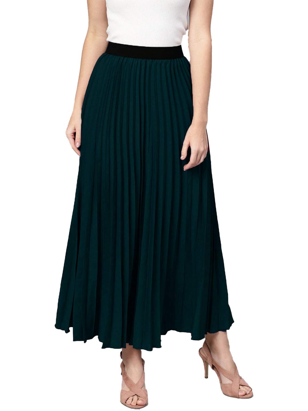 kzully | Graceful Flow Women's Accordian Pleat Maxi Flared Skirt Dark Green 3XL-picture-8