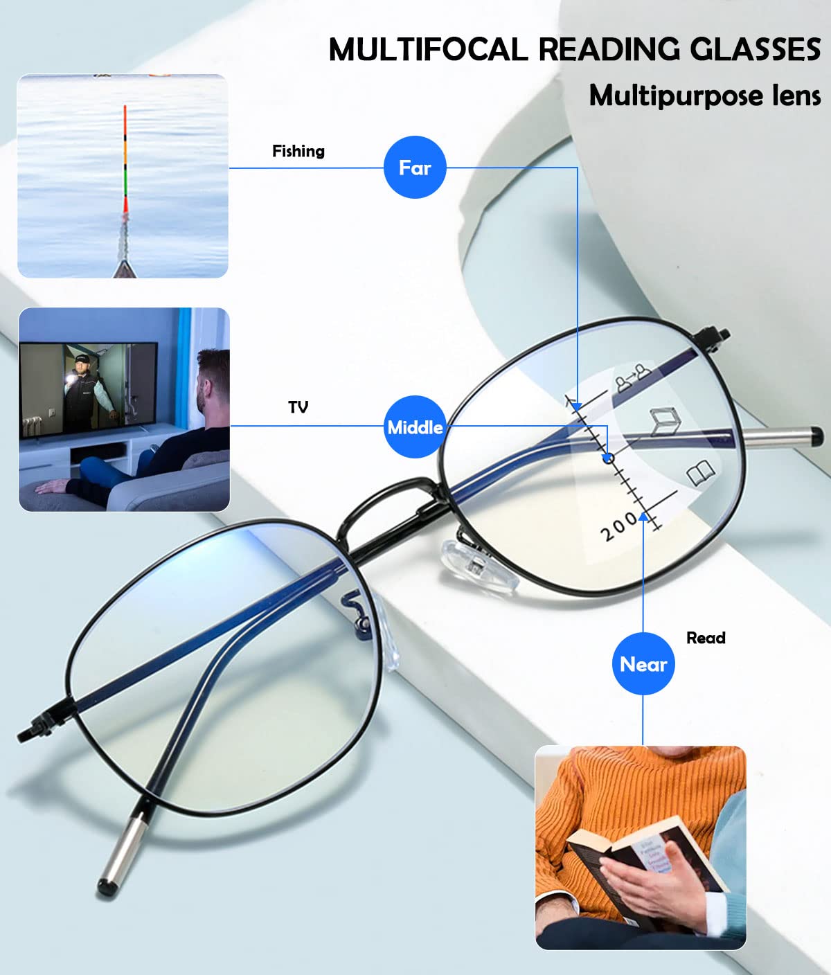KOOSUFA Mode Runde Gleitsicht Lesebrille Gleitsichtbrille Progressive Multifokus Anti-Blaulicht Herren Damen Ultra Leicht Metallrahmen Arbeitsplatzbrille Lesehilfe 1.0 1.5 2.0 2.5 3.0 3.5 4.0