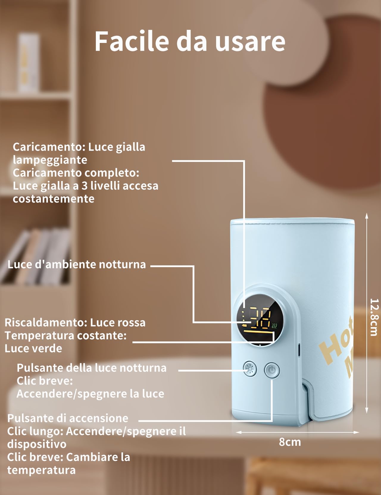 Scaldabiberon per bambini, con batteria da 8000 mAh, 6 livelli di temperatura da 38 a 50 °C, indicatore LED e luce notturna, portatile, funzione di ricarica USB, per viaggi e casa (blu)