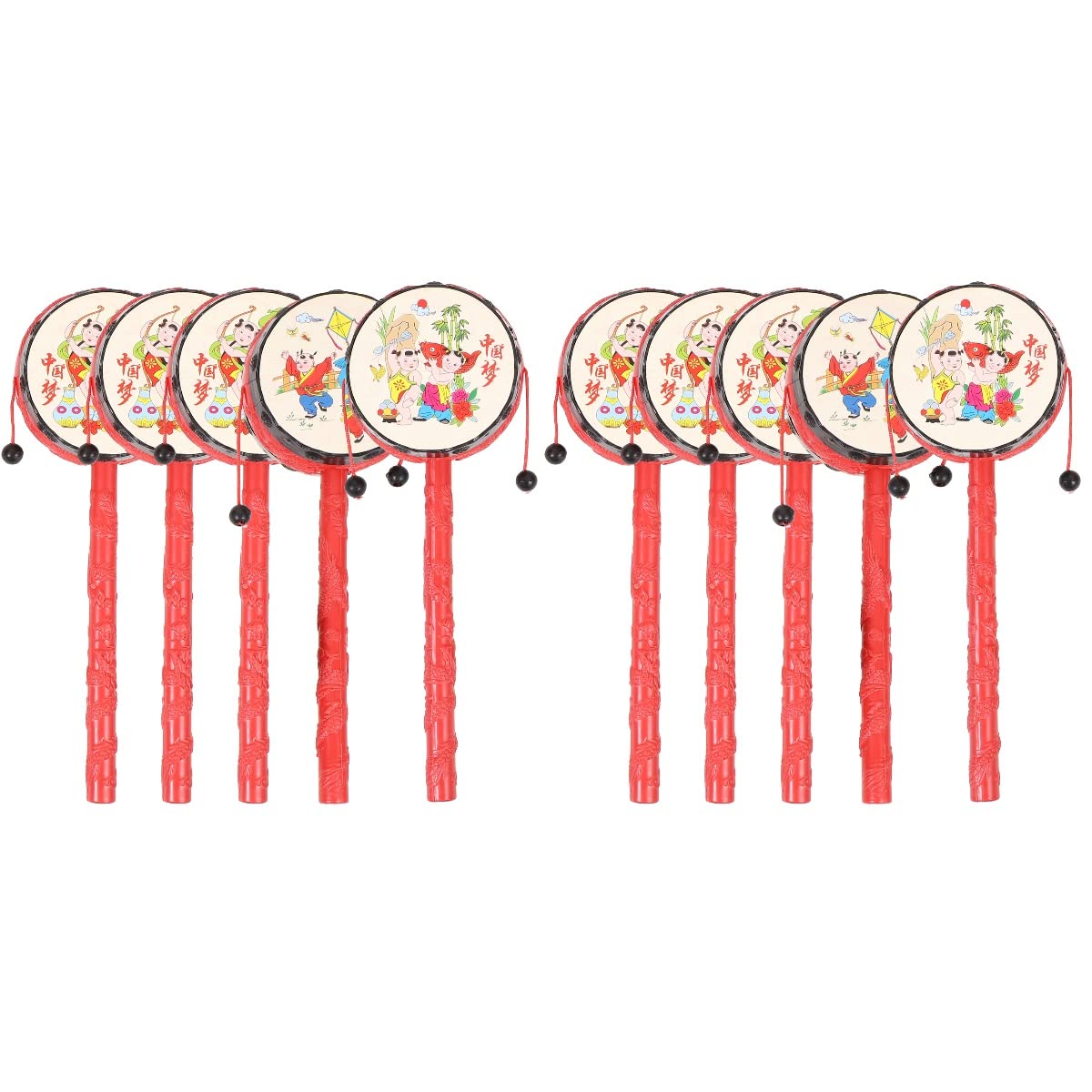 LOGOFUN 10 Pcs Monkey Drum Spinning Rattle Drum Chinese Traditional Percussion Instrument for Kids (Red)