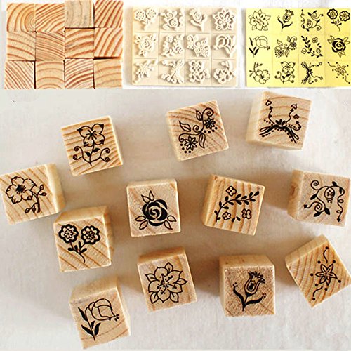Rely2016 12Pcs Wooden Box Case Vintage Flower Lace Floral Rubber Stamp Set for Diary Cards Craft Scrapbooking DIY