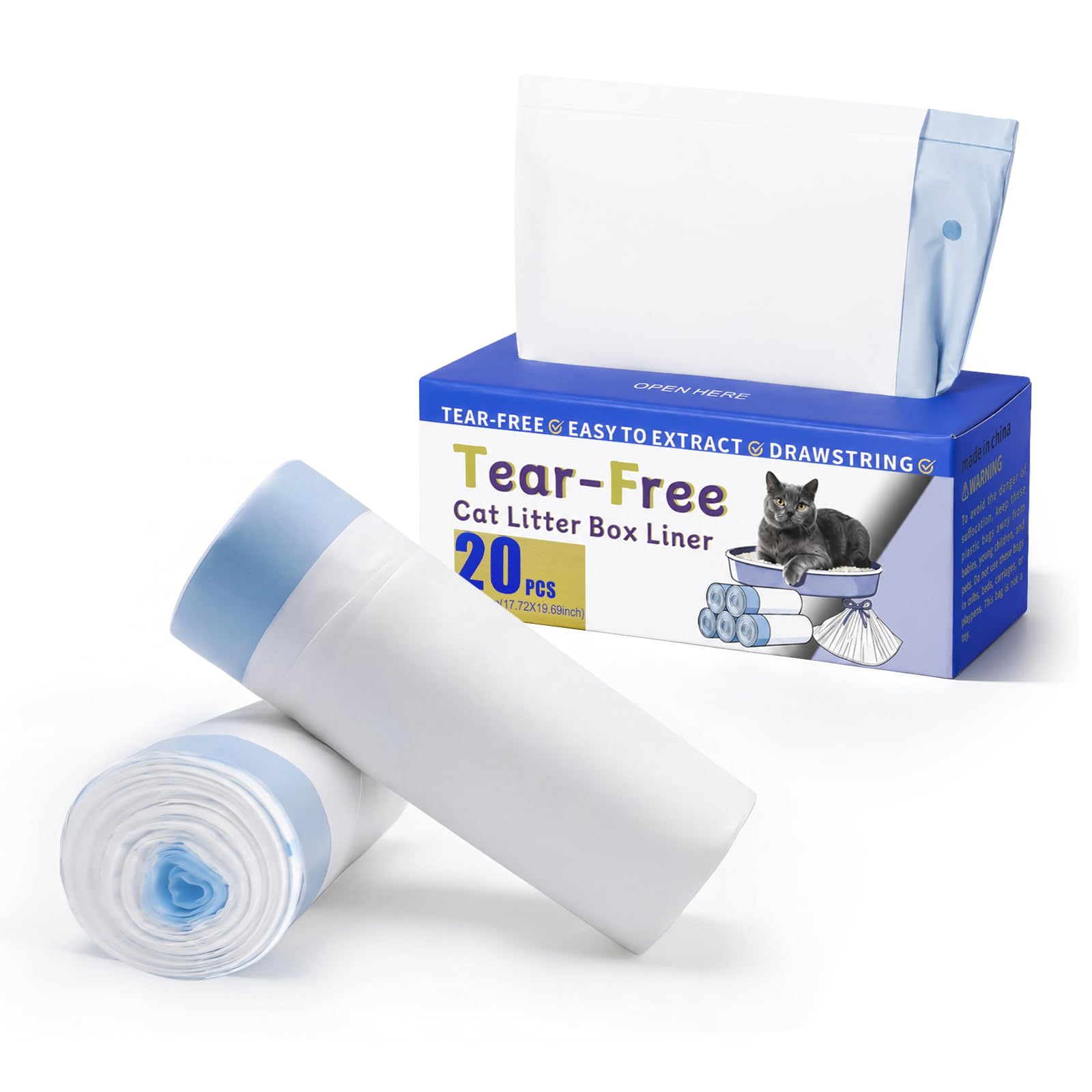 Skylos Cat Litter Bags Scoop Bin Liners Heavy Duty Drawstring 40 Pack Blue