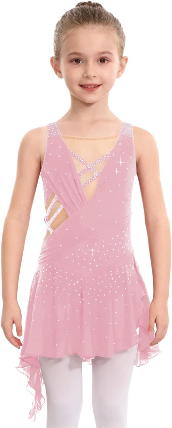JEATHA Kids Girls Sleeveless Sparkle Figure Ice Skating Dress Ballet Modern Contemporary Lyrical Dance Costume