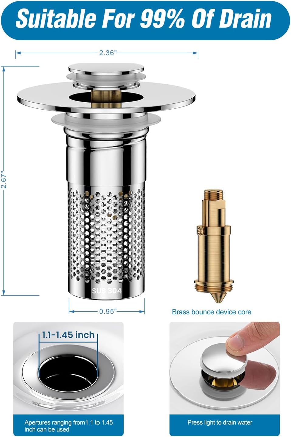 Bathroom Sink Drain Strainer,Pop-up Sink Drain Strainer for U.S. Standard Universal,Hair Catcher Sink Stopper with Removable Stainless Steel Filter Basket - Image 2