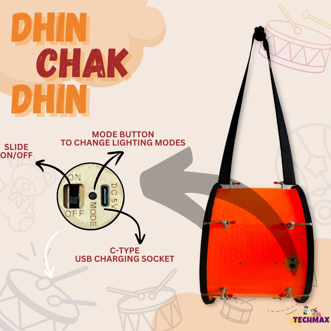 Lighting Dholak Tasha - Sensor Based - Rechargeable (Orange - Double Side - 11.5 INCH) 2