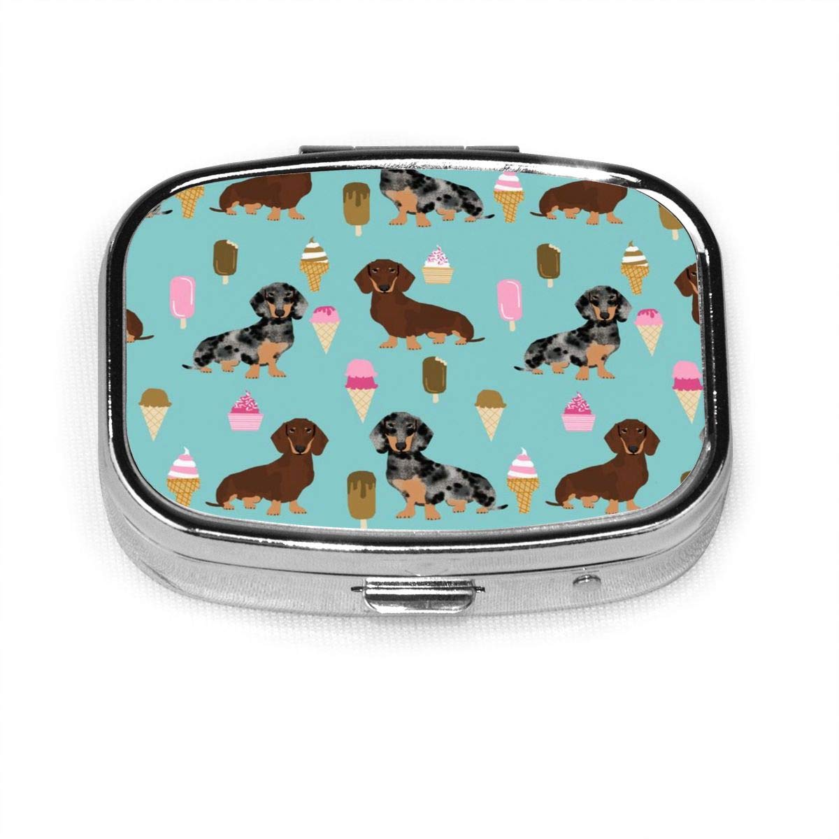 Portable Pill Box Doxie Ice Cream Fabric Dachshund Dogs and Ice Creams Fabric Bluemint Pill Organizer Case Pill Container for Pocket or Purse Travel Medication Carry Case