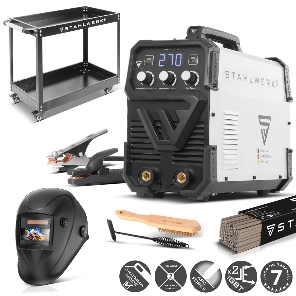 STAHLWERK Soldadora de electrodos ARC-270 ST – Equipo completo con carro – Máquina de soldar MMA (Electrodo) hasta 270 A, soldadura sin gas protector, Inverter Lift-TIG 400 V, control de temperatura