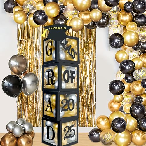 2025 Graduation Balloon Boxes Decorations, 4pcs Graduation Blocks with 32pcs Balloons “GARD” “Class of 2025” Letters, Cap Decorations for Class of 2025 Party Supplies for College, High School, PhD