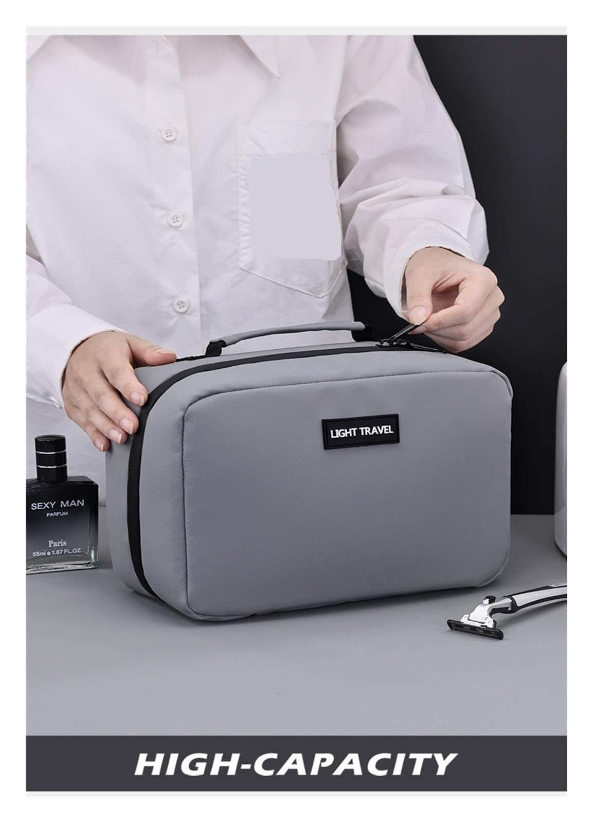 Trousse de toilette, organiseur de voyage en accordéon, portable de grande capacité, séparation humide et sèche, Noir