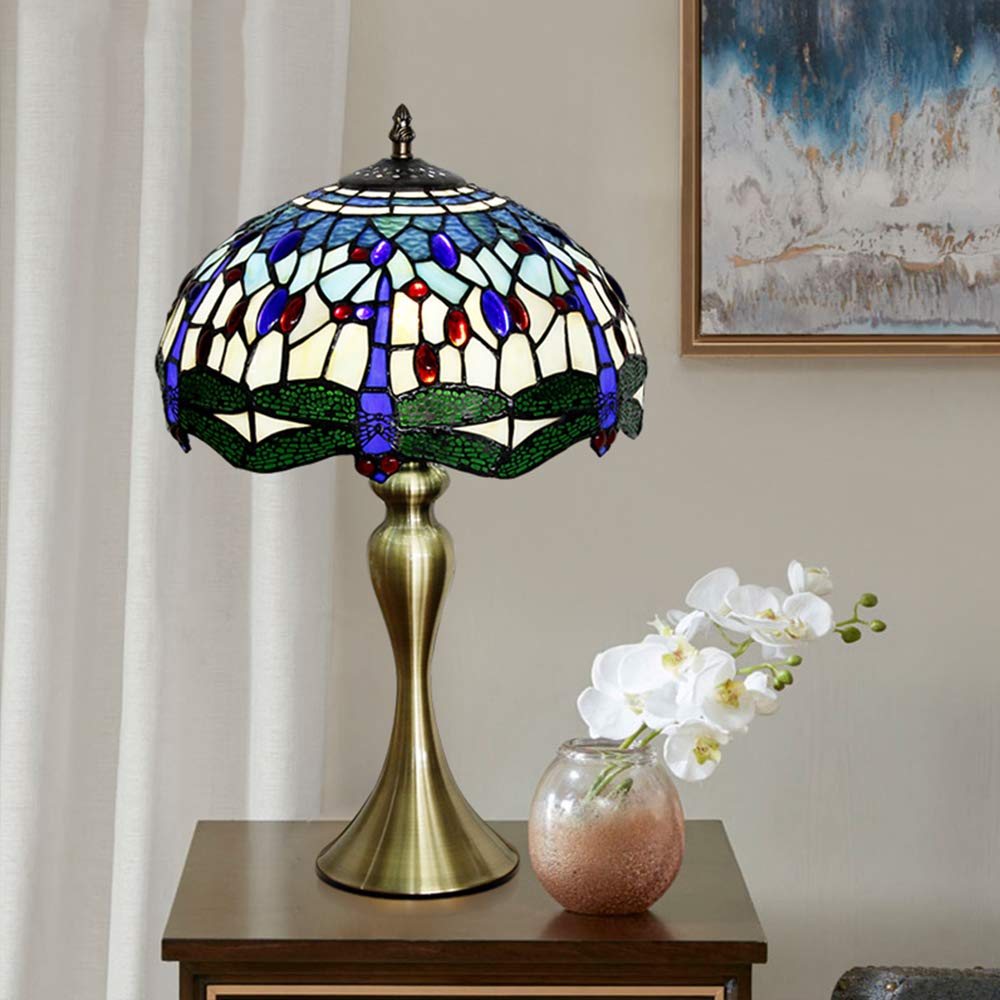 Lampa stołowa, 16-calowa retro lampka nocna do sypialni, wzór ważki Vintage stolik nocny Lampa biurkowa do sypialni Szafka nocna Dekoracyjna lampa stołowa do salonu
