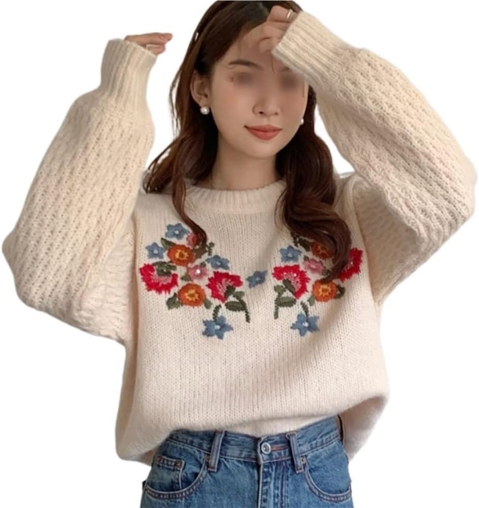 Embroidered Sweater for Women Long Sleeve Loose Vintage Forest Pattern Autumn Winter Tops Soft Comfortable Knit Sweater for