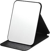 ONICORN® Foldable Makeup Mirror with Stand, Compact Portable Folding Free Standing Travel Vanity Mirror, Frameless PU Leather (Round Edge Black 1 PCS)