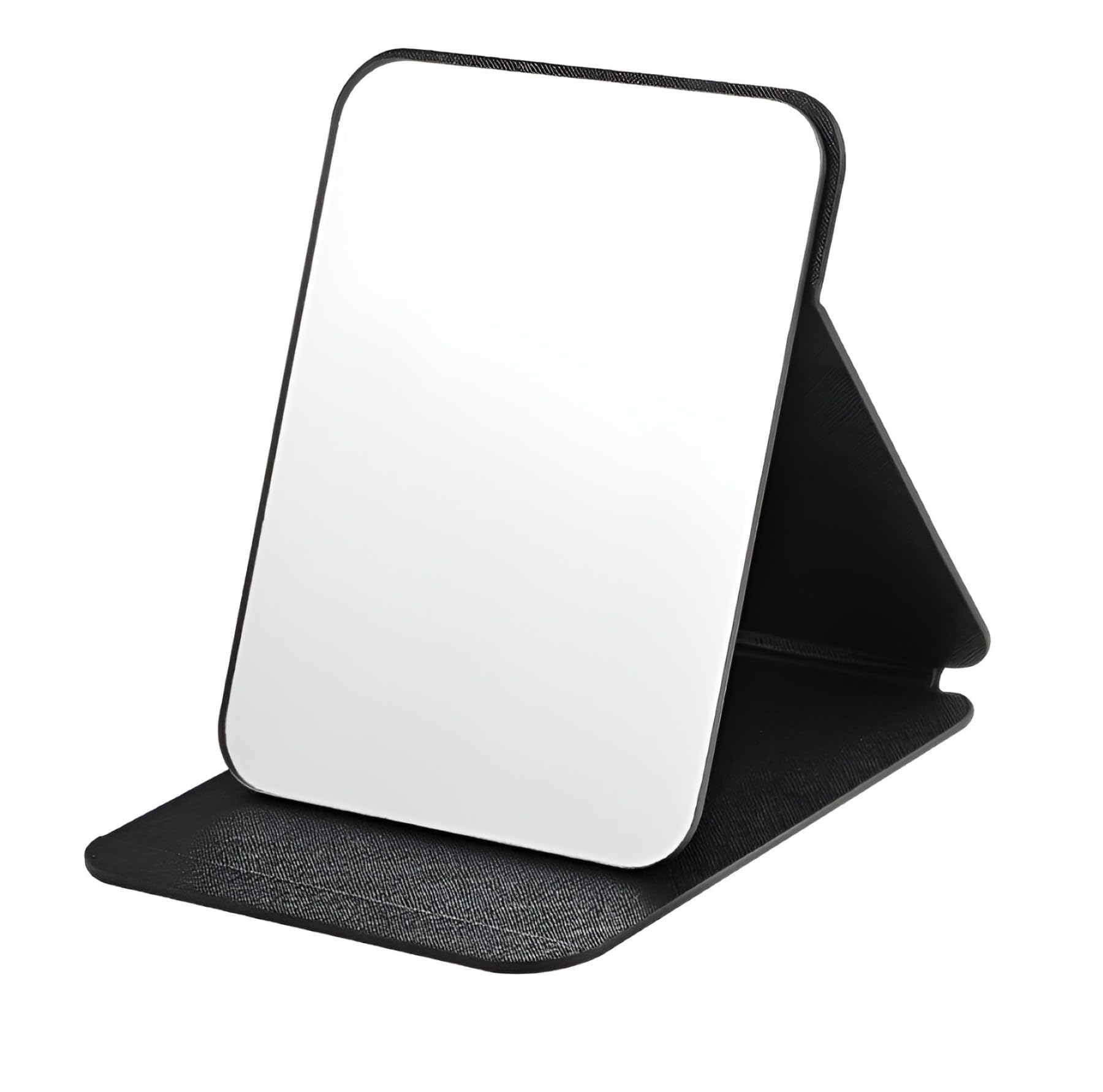 Foldable Makeup Mirror with Stand, Compact Portable Folding Free Standing Travel Vanity Mirror, Frameless PU Leather (Round Edge Black 1 PCS)-image-48