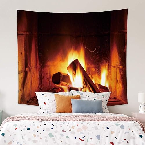 Miniatura 4 de Haoyiyi Tapiz de fuego ardiente de 33.9 x 27.6 pulgadas, chimenea de madera de Navidad, ladrillo brillante, para colgar en la pared, vintage,
