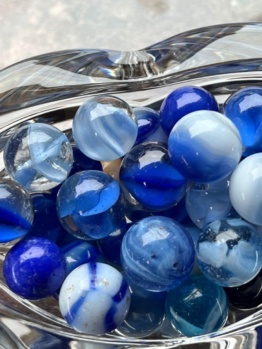 Glass Marbles Set, Blue and Clear Decorative Playing Balls, Traditional Goli Game Collection (Blue, 1 KG)