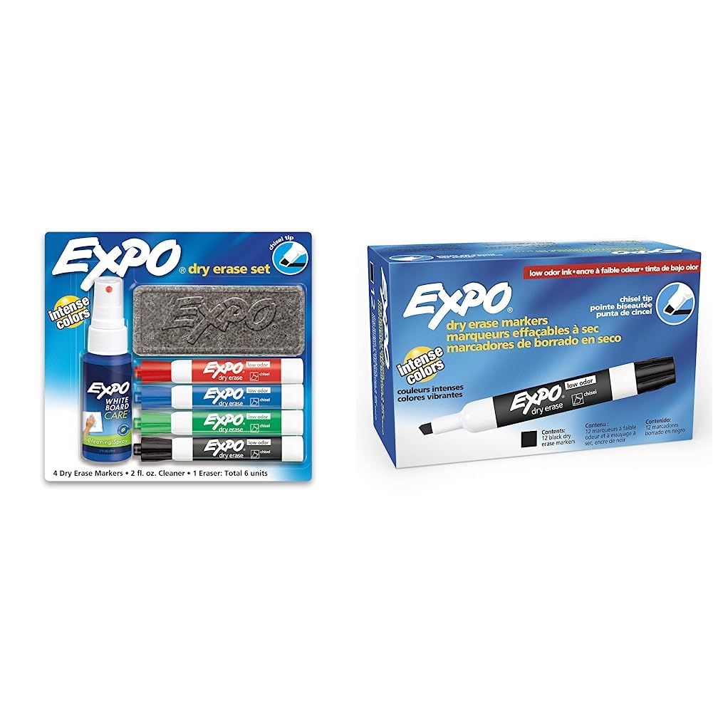 EXPO Low Odor Dry Erase Marker Set with Eraser and Cleaning Spray Assorted Colors 6 Count Low Odor