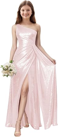 One Shoulder Junior Bridesmaid Dresses Sequin Pageant Dresses for Girls Sparkly Dress Sleeveless Prom Dress for Teens
