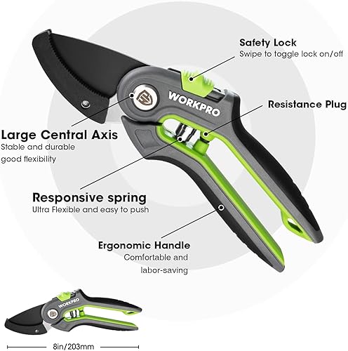 Miniatura 5 de WORKPRO Tijeras de podar de derivación, podadora de mano de jardinería de acero inoxidable de 8 pulgadas y tijeras de podar yunque, podadora de mano