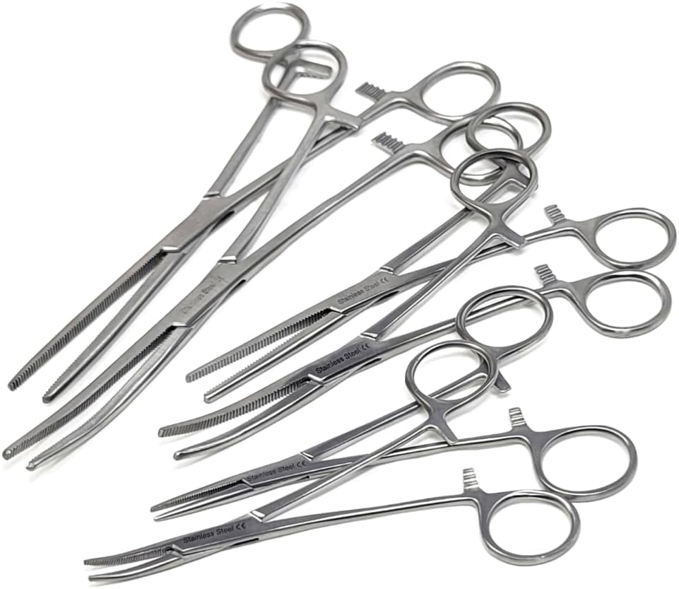 Pean Hemostat Forceps Stainless Steel Serrated Locking Pliers Multipurpose Tools for Lab & Small Parts Handling - 5" + 6.25" + 8" (6 Pcs Straight + Curved)