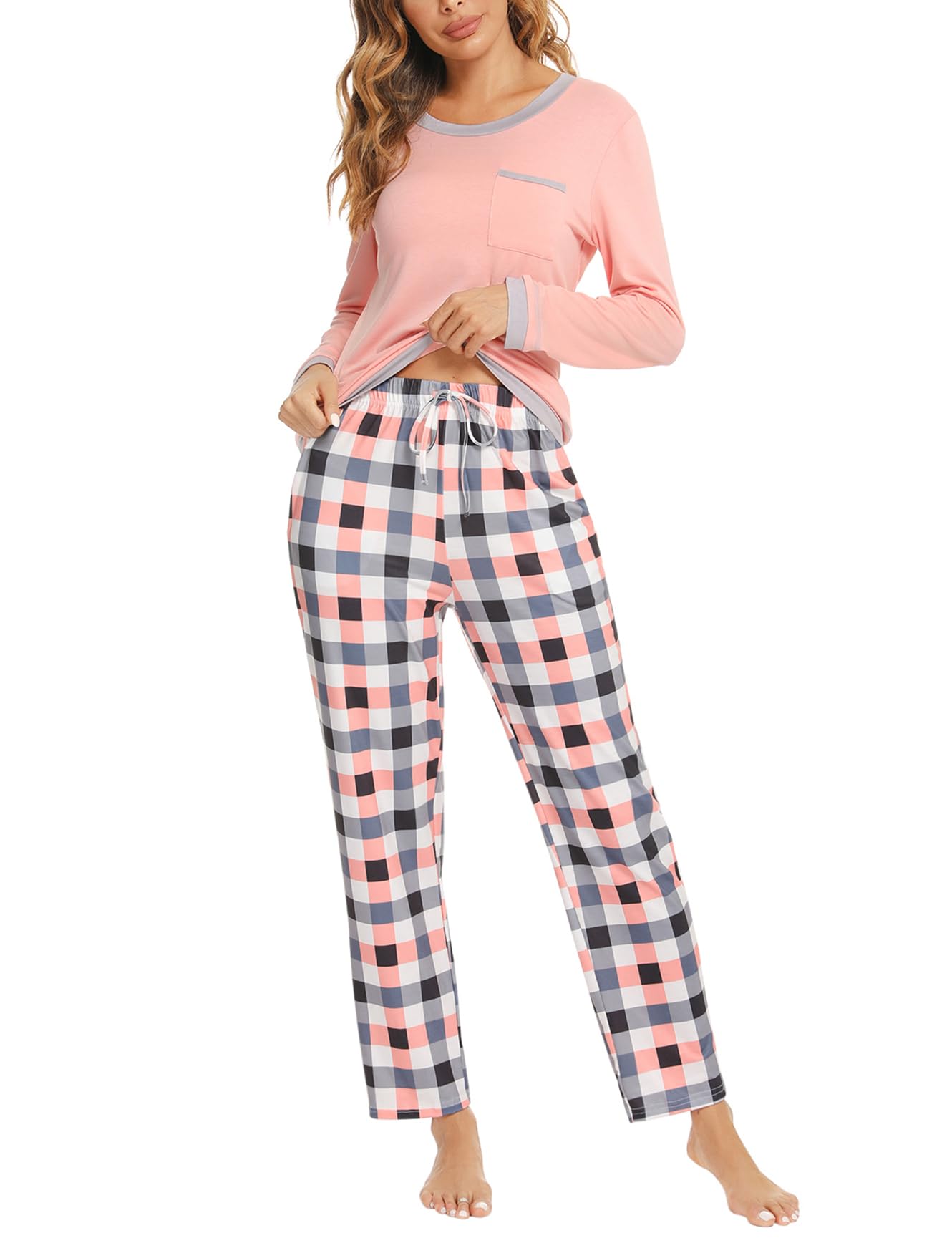 Marvmys Pigiama da Donna in Cotone Manica Lunga Pigiama Due Pezzi Invernale T-Shirt e Pantaloni con Tasche