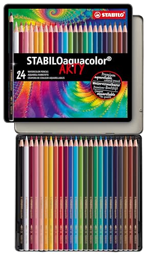 Lápiz de color acuarelable STABILOaquacolor - Estuche de metal ARTY con 24 colores