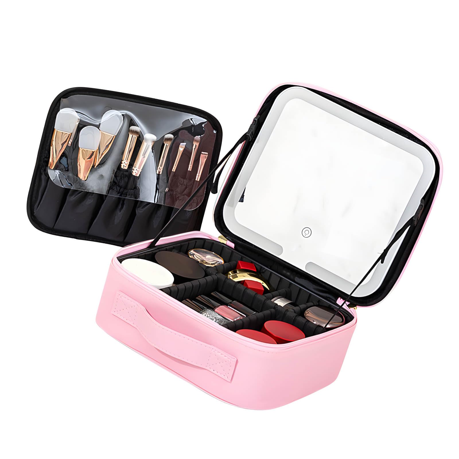 Tsophreniq LED Lighted Travel Makeup Bag Spacious Waterproof PU Cosmetic Case with Glasses and Compartments Lighted Makeup Pouches Portable LED Vanity Case