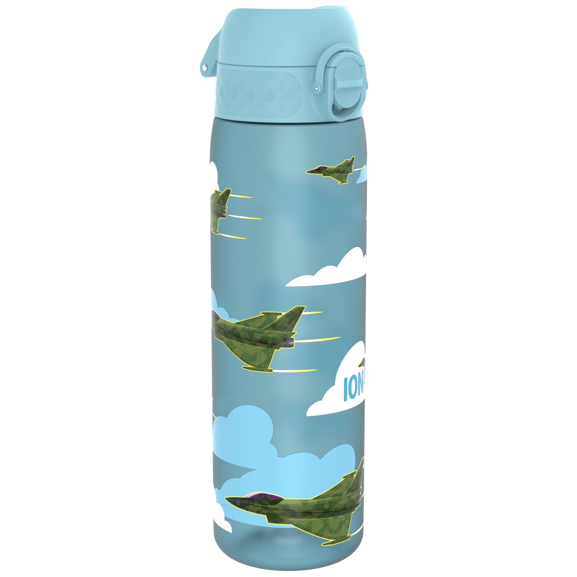 Ion8 Water Bottle, 500 ml/18 oz, Leak Proof, Easy to Open, Secure Lock, Dishwasher Safe, BPA Free, Hygienic Flip Cover, Carry Handle, Fits Cup Holders, Easy Clean, Carbon Neutral, Fighter Jets