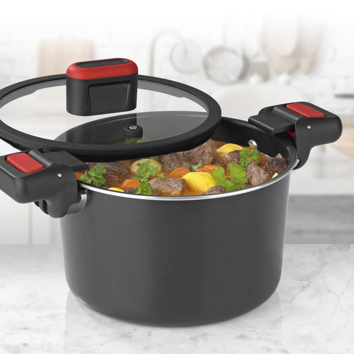 GOURMETmaxx Pentola per risparmio energetico in alluminio pressofuso, 5,8 l, rivestimento antiaderente, preparazione rapida, semplice, a basso contenuto di grassi e vitamine