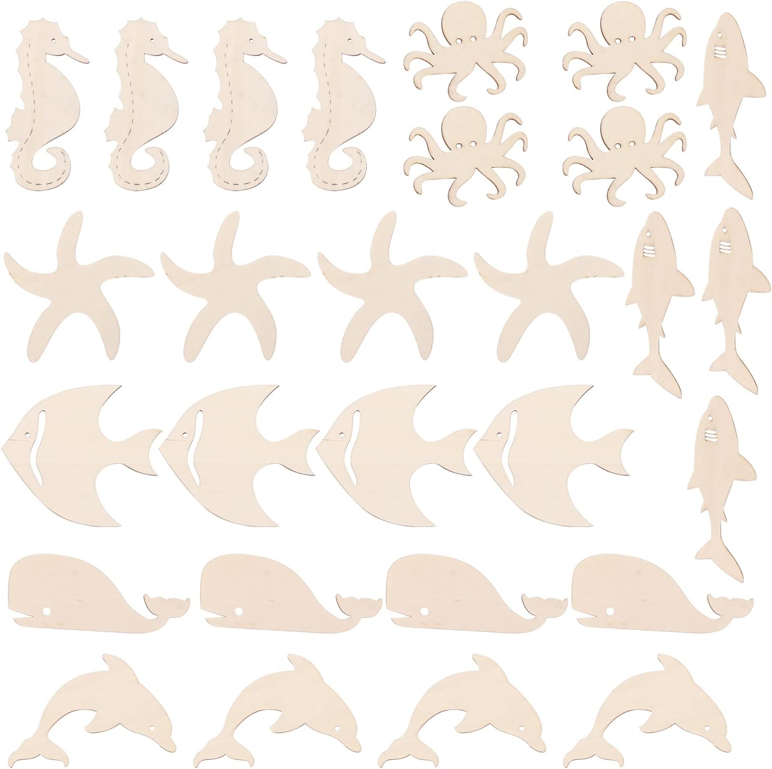 28Pcs Unfinished Wood Cutouts Ocean Animals Wooden Paint Crafts for Kids Home Decor Ornament DIY Craft Art Project Octopus Shark Whale Dolphin Seahorse Fish Sea Star Shape