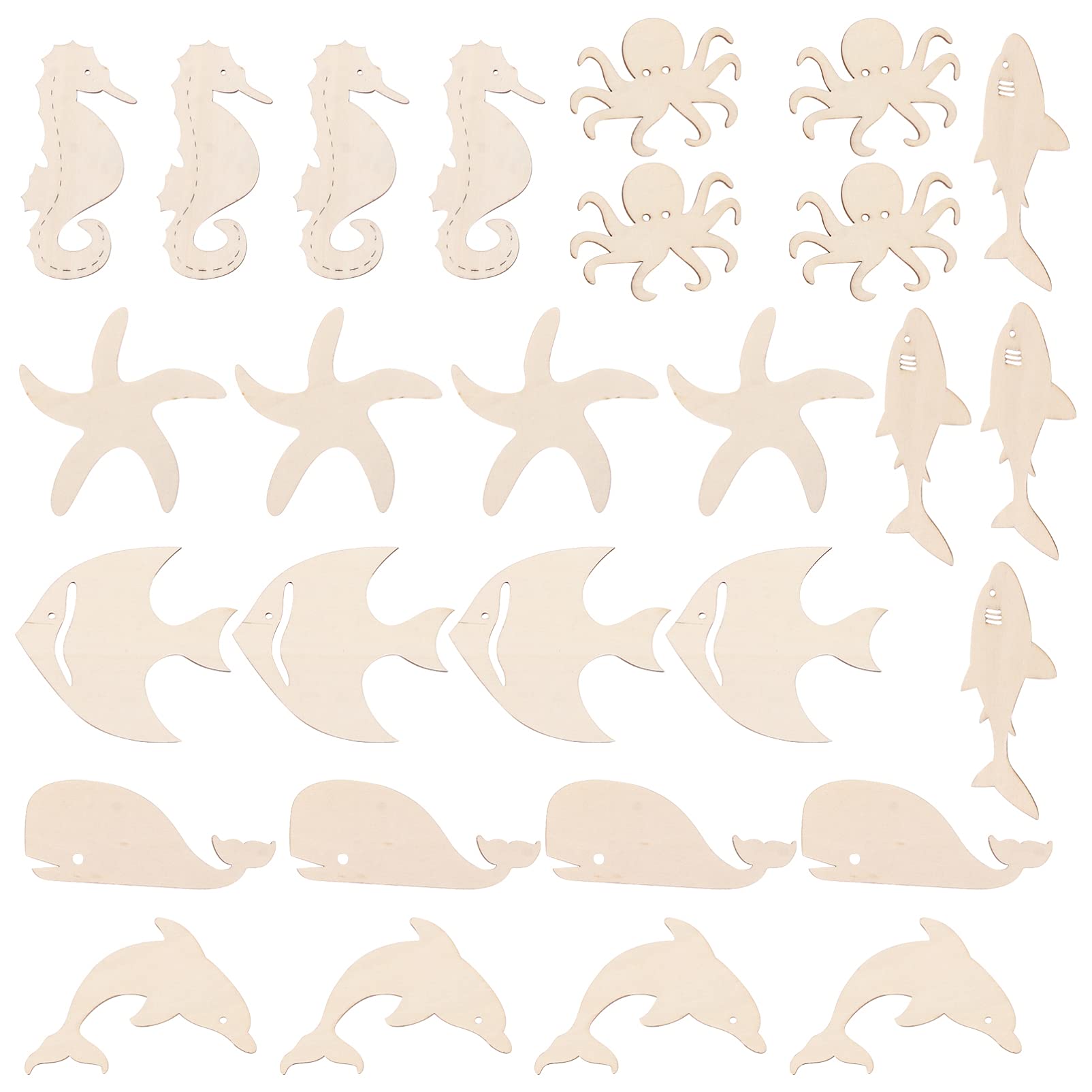 28Pcs Unfinished Wood Cutouts Ocean Animals Wooden Paint Crafts for Kids Home Decor Ornament DIY Craft Art Project Octopus Shark Whale Dolphin Seahorse Fish Sea Star Shape