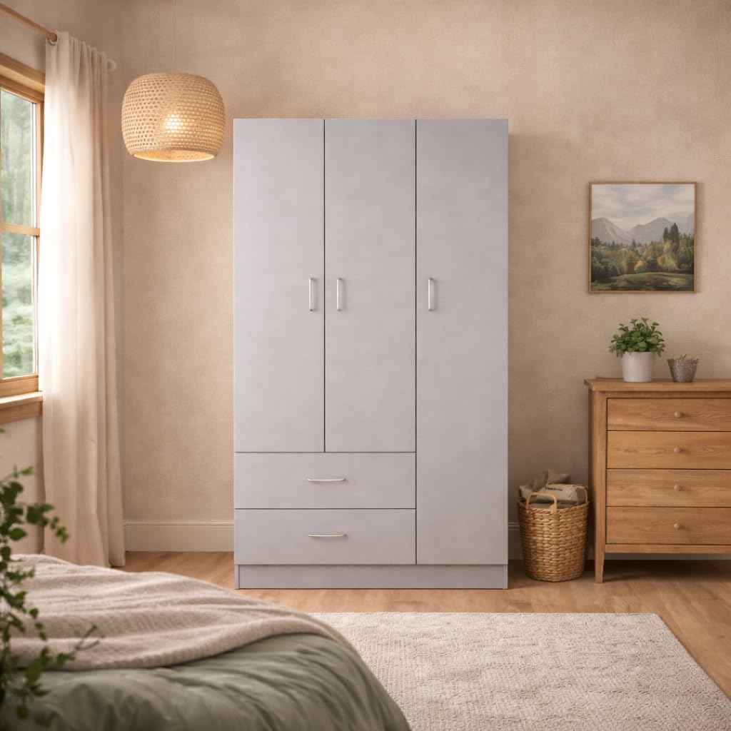 Armadio Guardaroba 80x50x180h CM - 3 Ante, 2 Cassetti, Ripiani, Appendiabiti Alto, Maniglie, Struttura in Legno Truciolare, Spazioso, Salvaspazio, Cabina Armadio, Camera - (Grigio)