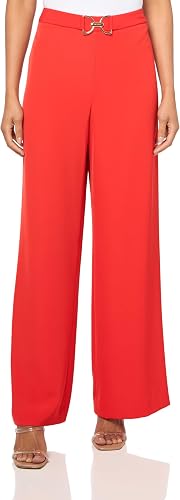 HALSTON H Women's Gold Belt Straight Leg Soft Suiting Pant, Fire