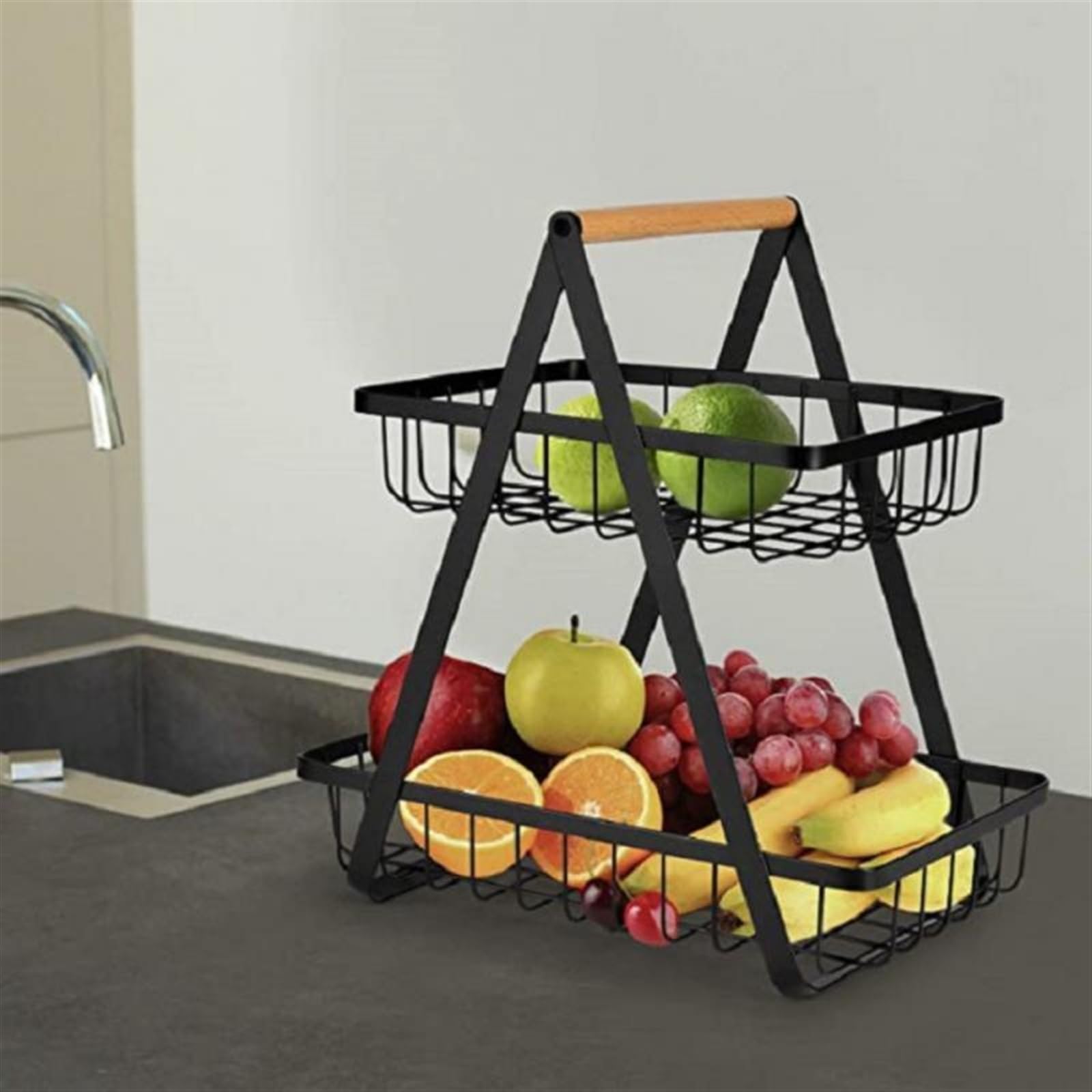 Cesta de frutas Cesta de frutas Cesta de frutas de metal grande de 2 niveles Cesta de camping portátil Estante de almacenamiento Estante for frutas Verduras Almacenamiento de cocina en el hogar Cesta