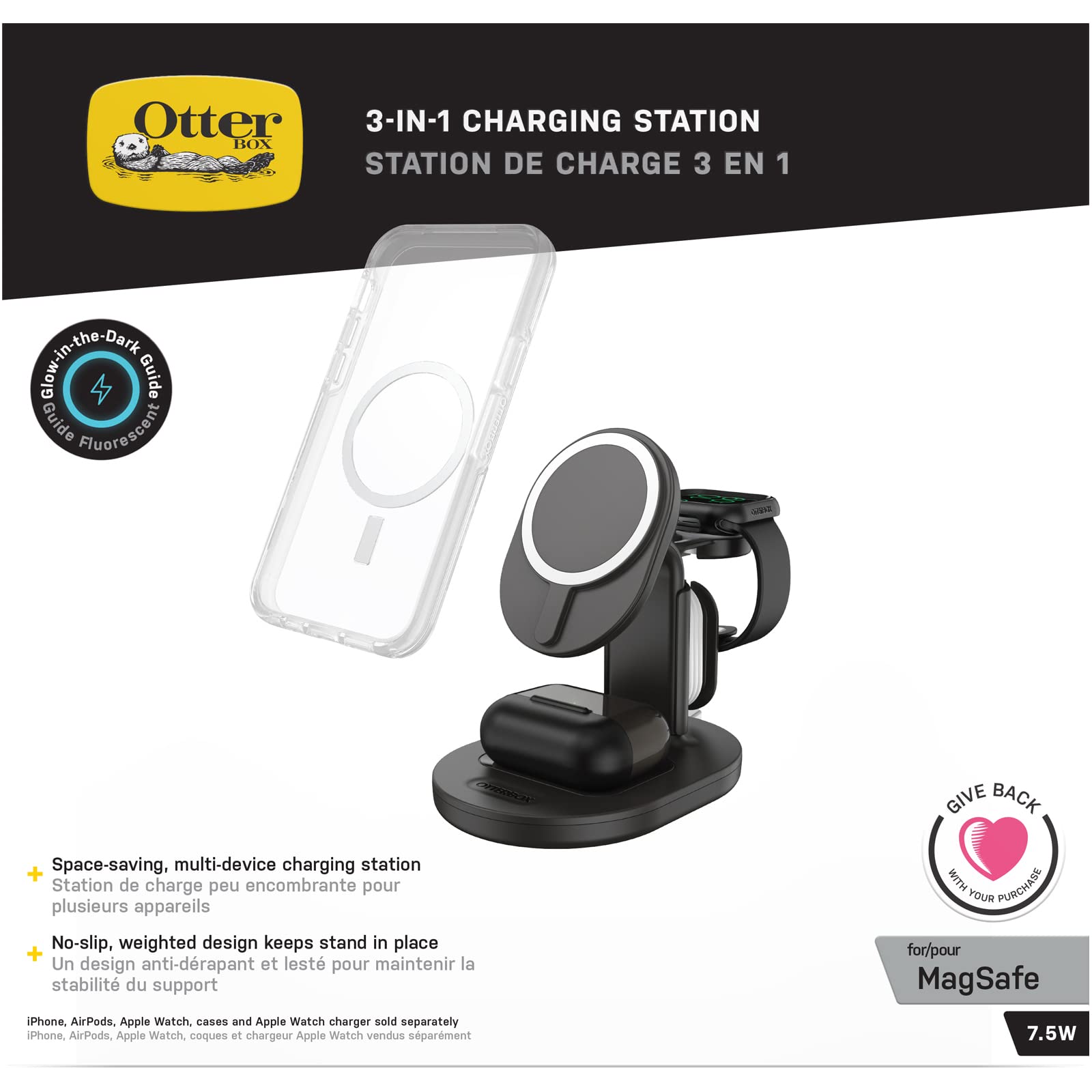 OtterBox Support de Charge 3-en-1 MagSafe, Noir | Station de recharge au design élégant et léger, alignement et fixation avec avec MagSafe pour iPhone, AirPods et Apple Watch