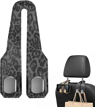 Headrest Hooks for Car,2026 New Two Hook Fur Leather Seat Back Headrest Hanger,Auto Hooks Organizer for Handbag Purse Coat Bags 1, Black Leopard Print