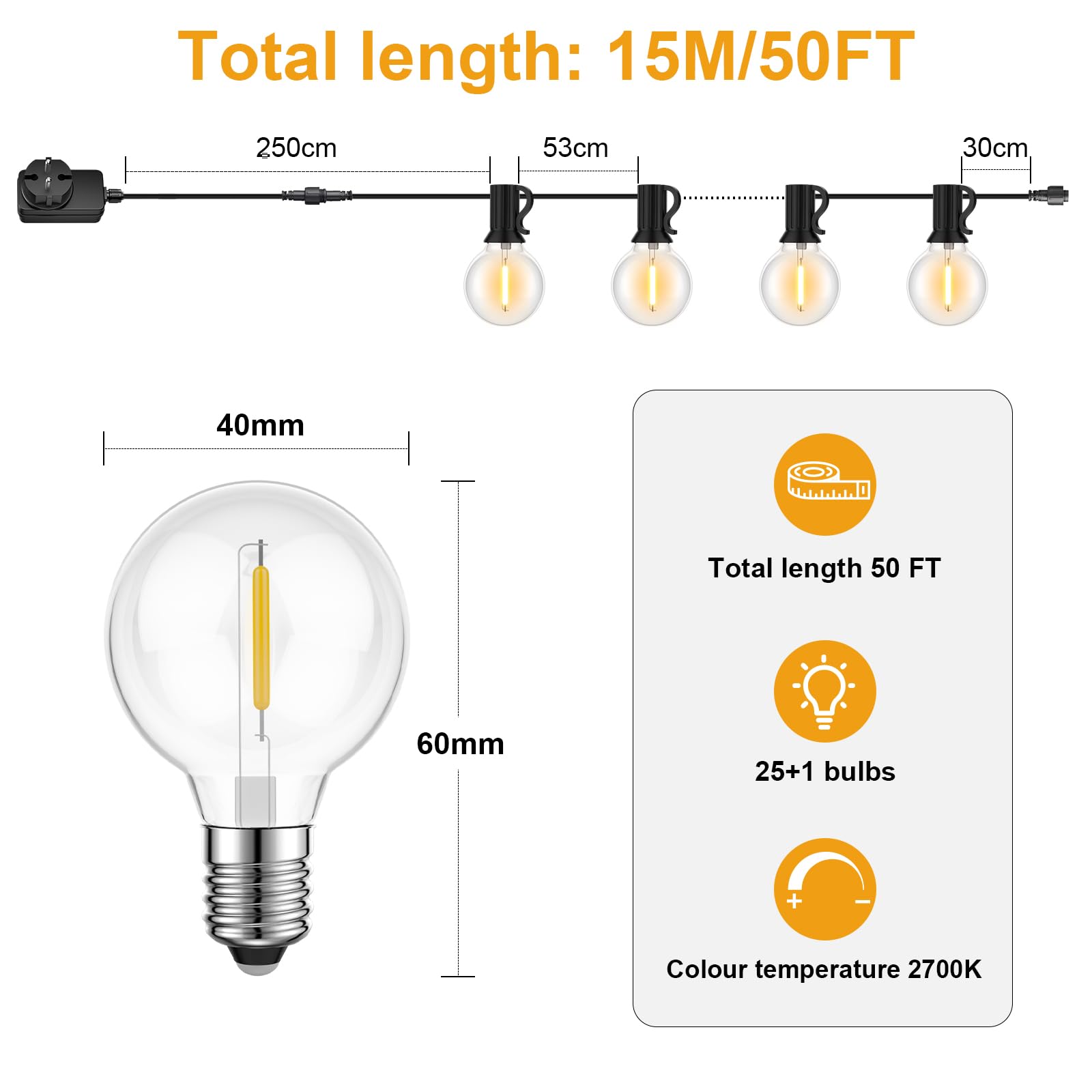 Miootly Catena Luminosa Esterno, 15M/50FT Luci da Esterno Giardino 24V con 25+1 G40 Lampadine, IP45 Impermeabile Catena Luci Esterno e Interno per Giardino Natale Terrazzo, Matrimonio - Bianco Caldo