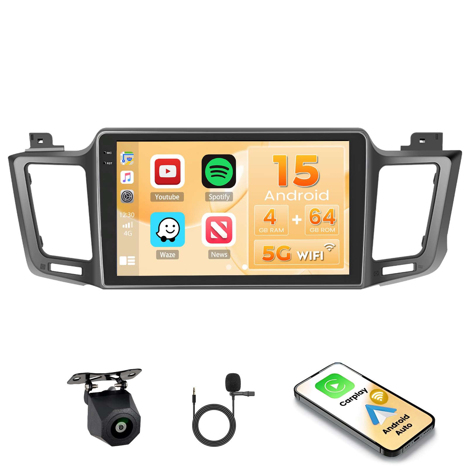 Hikity 4G+64G Android 15 Autoradio 10" pour Toyota RAV4 CarPlay
