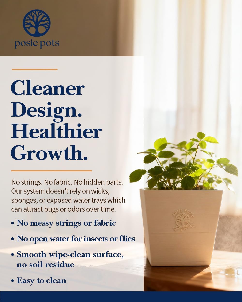 Posie Pot Medium Twisted Square - Self Watering Planter 5x5 Inch - Indoor Plant Pot with 30 Day Reservoir - 3D Printed Bioplastic - No Guilt Plant Care - Made in USA, White