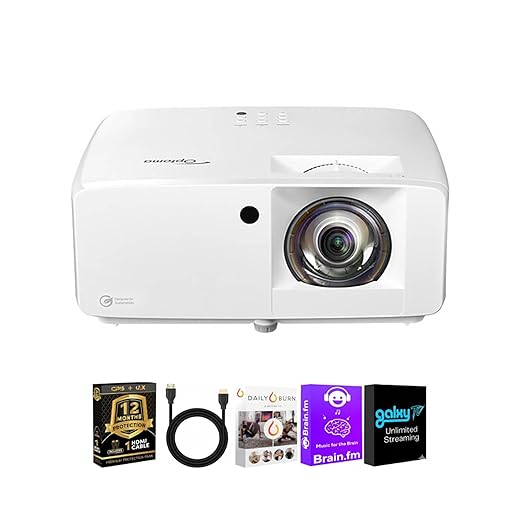 Optoma 3500 Lumen 4K UHD Short Throw Laser Projector HDR Gaming Ready High Brightness Home Theater White Streaming Bundle HDMI Cable CPS 12 Month Protection Plan Included