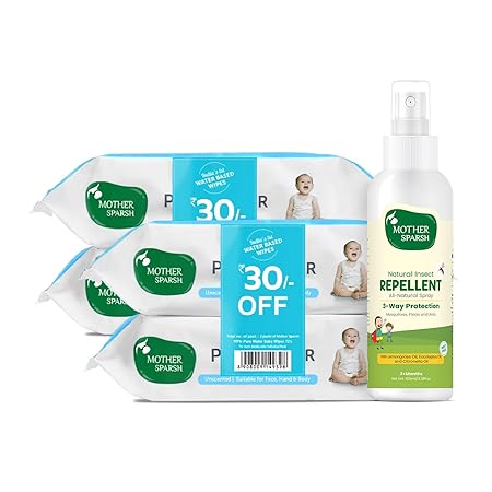 Mother Sparsh 99% Pure Water (Unscented) baby wipes- Super thick I (72 pcs/pack - Pack of 4)+ MS Natural Insect Repellent for Babies, Herbal Armor